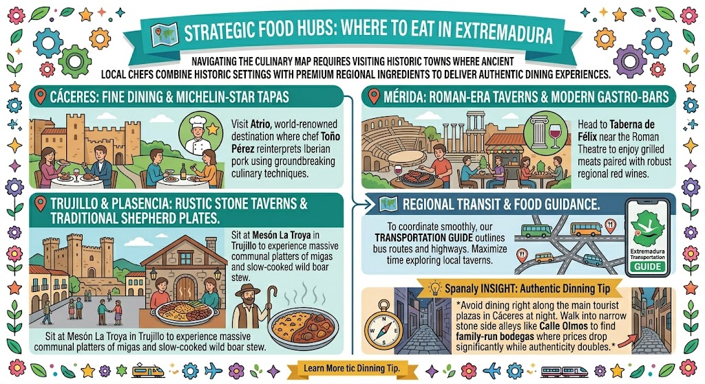 Infographic travel map guide to strategic food hubs in Extremadura, showcasing where to eat in Cáceres, Mérida, and Trujillo.