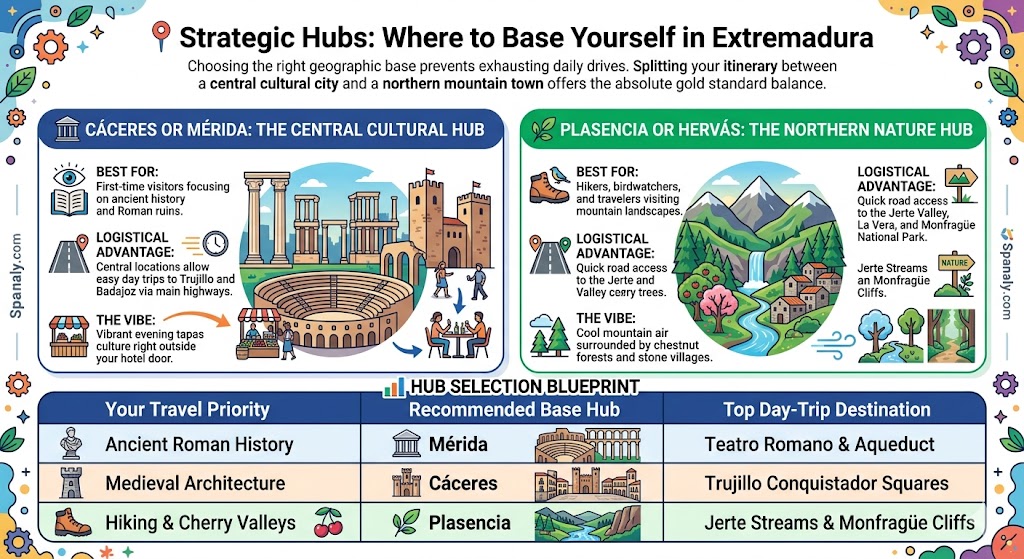 Infographic guide to strategic travel hubs in Extremadura, comparing the central cultural hubs of Cáceres and Mérida with the northern nature hubs of Plasencia and Hervás.