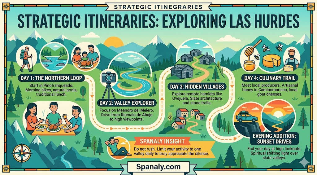 A strategic 4-day travel itinerary infographic for exploring Las Hurdes, Spain, featuring scenic valleys, hiking, local cuisine, and authentic village experiences.
