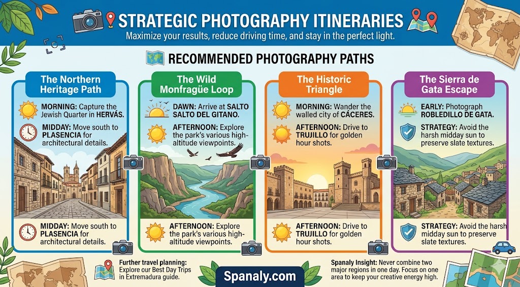 Infographic outlining strategic photography itineraries for Extremadura, including recommended paths like The Northern Heritage Path and The Wild Monfragüe Loop.