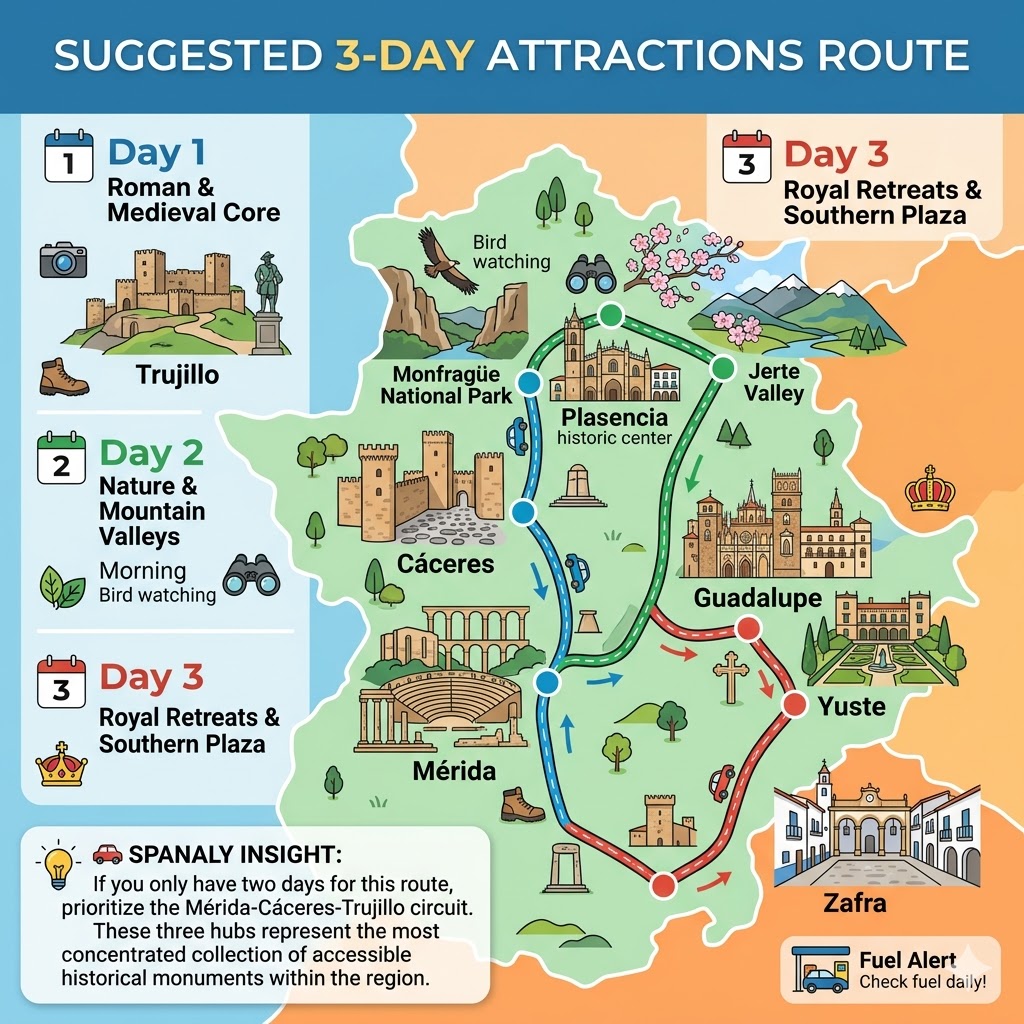 SEO infographic map for a suggested 3-day travel itinerary in Spain, featuring historic stops in Mérida, Cáceres, Trujillo, Monfragüe National Park, and Guadalupe by Spanaly.com