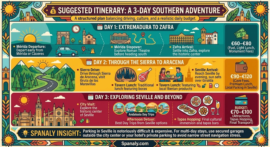 Infographic guide showing a suggested 3-day southern Spain road trip itinerary from Extremadura to Seville, detailing daily plans for Zafra, Aracena, and Seville with budget estimates and cultural experiences.