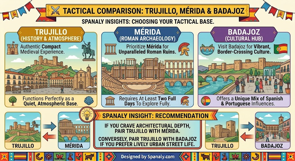 A colorful infographic comparing Trujillo, Mérida, and Badajoz, helping travelers choose the ideal base in Extremadura, Spain, based on history, archaeology, and culture.