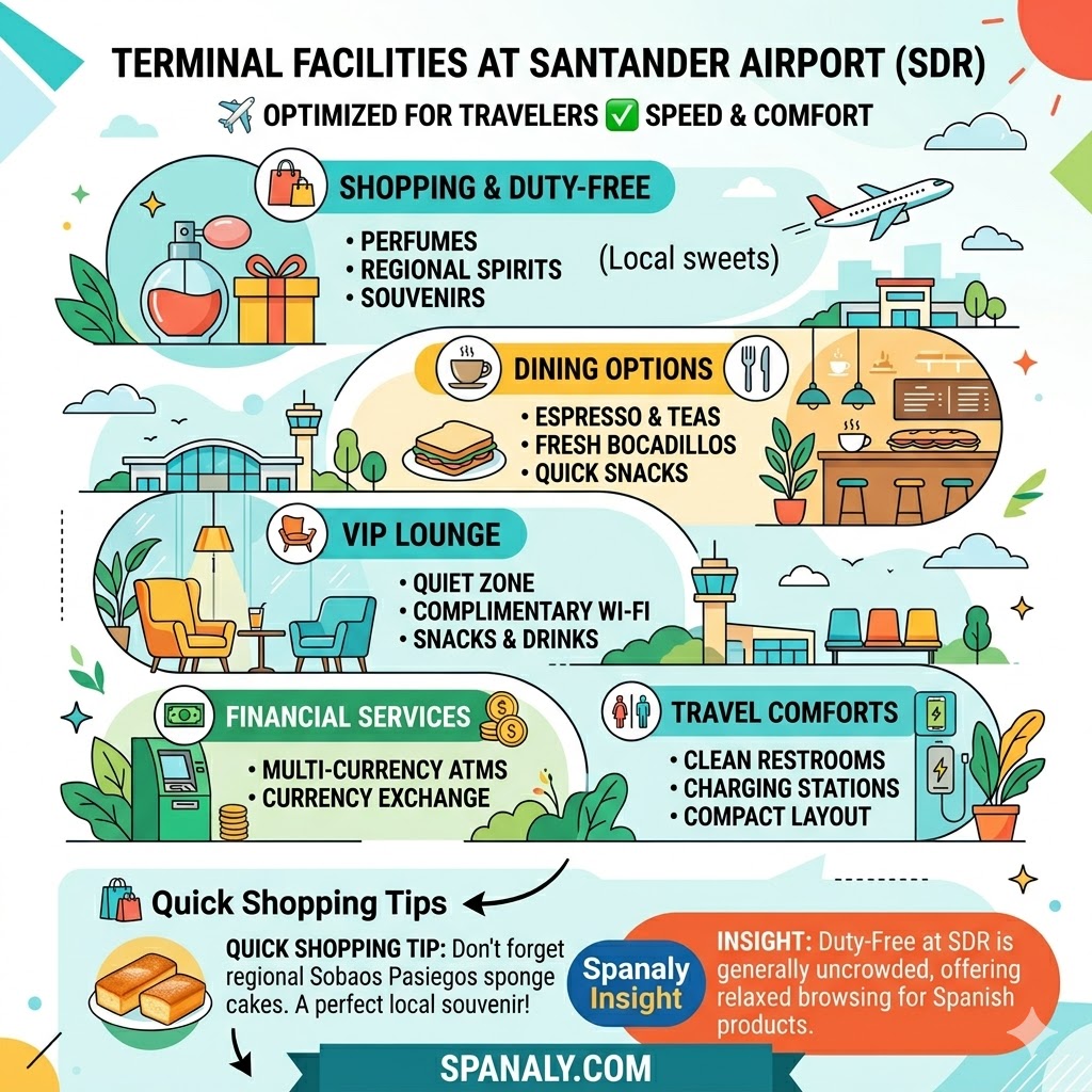Infographic of Santander Airport SDR terminal facilities including duty-free shops, VIP lounge, and dining options in Spain.