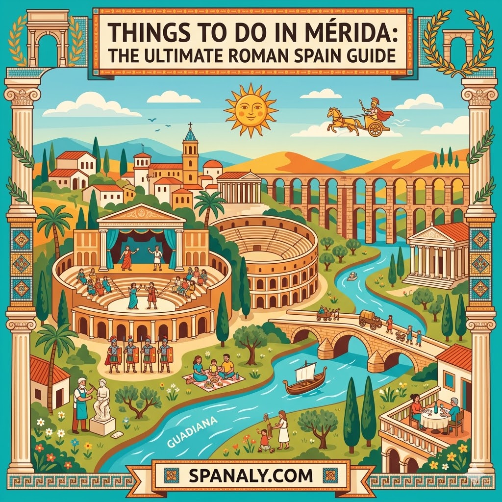Vibrant featured image illustration for the ultimate Mérida travel guide, showcasing the Roman Theatre, Amphitheatre, and Acueducto de los Milagros over the Guadiana River by Spanaly.com
