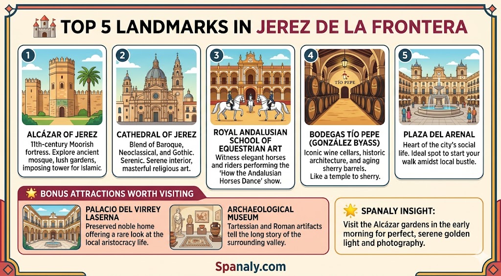 An infographic showcasing the top 5 landmarks in Jerez de la Frontera, including the Alcázar, Cathedral, and Royal Andalusian School of Equestrian Art.