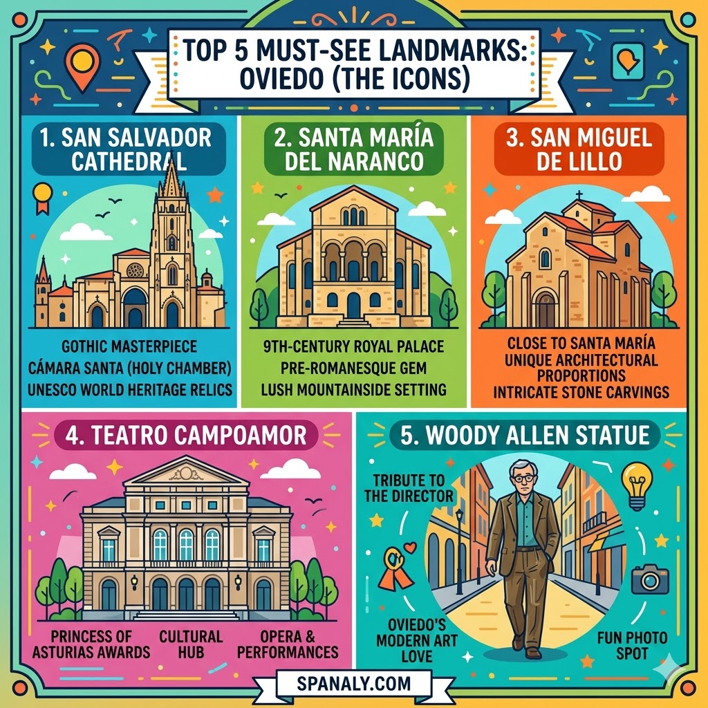Infographic of top 5 landmarks in Oviedo Asturias featuring San Salvador Cathedral, Santa Maria del Naranco, San Miguel de Lillo, Teatro Campoamor, and Woody Allen statue.