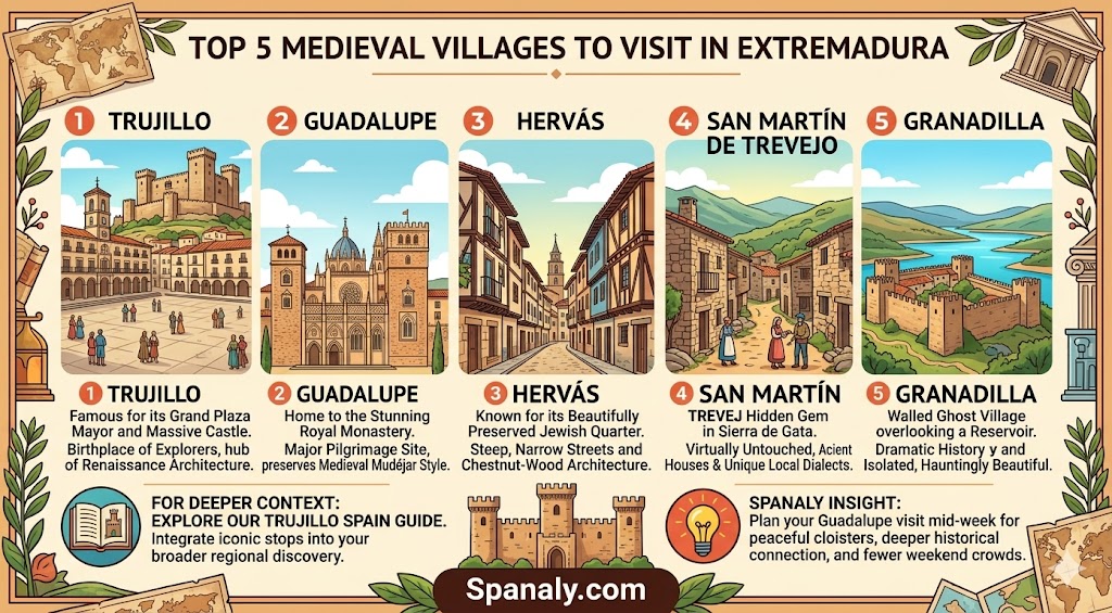 Infographic highlighting the top 5 medieval villages to visit in Extremadura, including Trujillo, Guadalupe, Hervás, San Martín de Trevejo, and Granadilla.