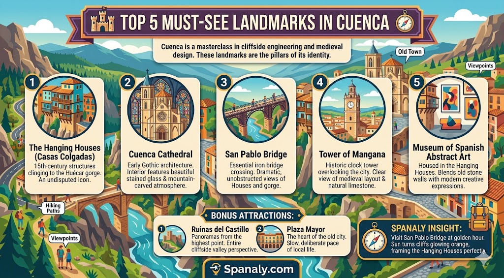 An informative infographic showcasing the top 5 must-see landmarks in Cuenca, including the Hanging Houses, Cathedral, San Pablo Bridge, and more.