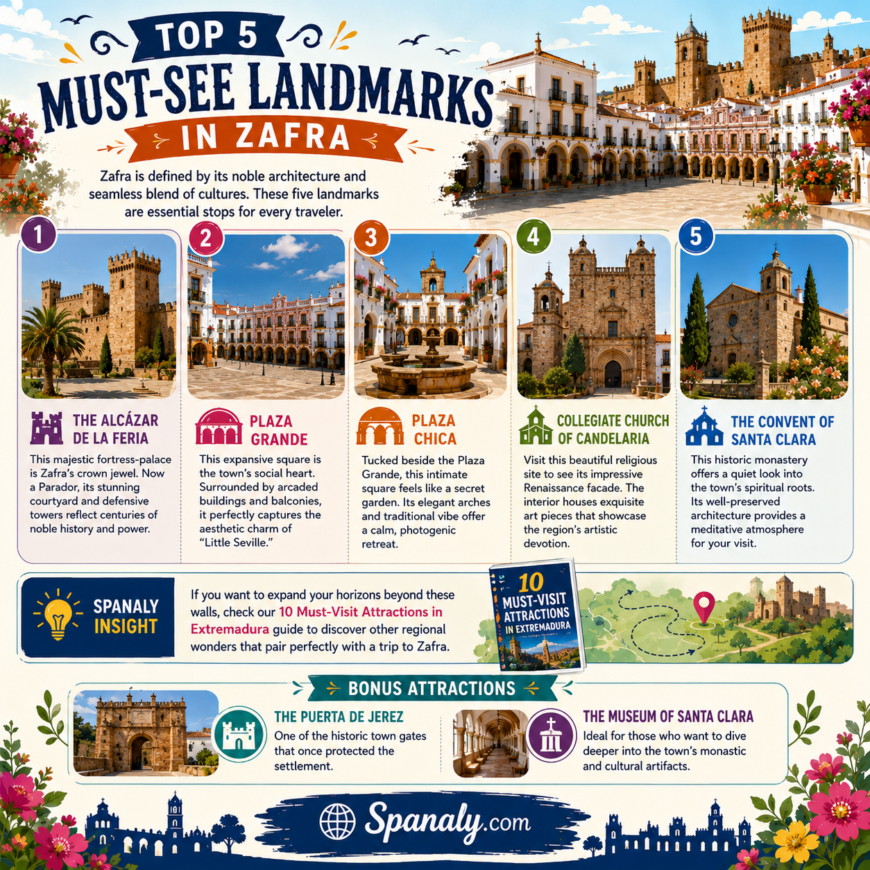 Colorful travel infographic showcasing the top 5 must-see landmarks in Zafra Spain including Alcázar de la Feria, Plaza Grande, Plaza Chica, Collegiate Church of Candelaria, and Convent of Santa Clara by Spanaly.com