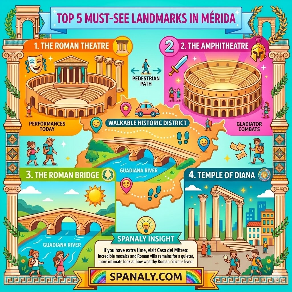 SEO travel infographic highlighting the top 5 must-see landmarks in Mérida, including the Roman Theatre, Amphitheatre, Roman Bridge, Temple of Diana, and the Alcazaba by Spanaly.com