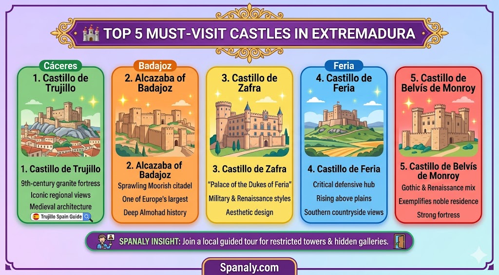 An infographic listing the top 5 must-visit castles in Extremadura, Spain, including Castillo de Trujillo, Alcazaba of Badajoz, and Castillo de Zafra for historical travelers.