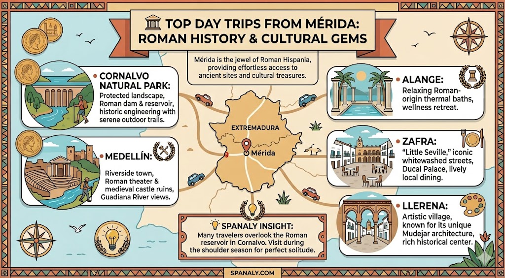 An infographic showcasing the top day trips from Mérida, Spain, featuring historical Roman sites and cultural gems like Cornalvo, Medellín, Alange, Zafra, and Llerena.