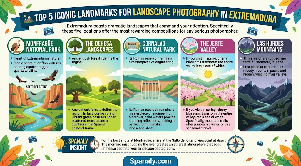 Infographic guide featuring the top 5 iconic landmarks for landscape photography in Extremadura, including Monfragüe National Park, Dehesa landscapes, and the Jerte Valley.