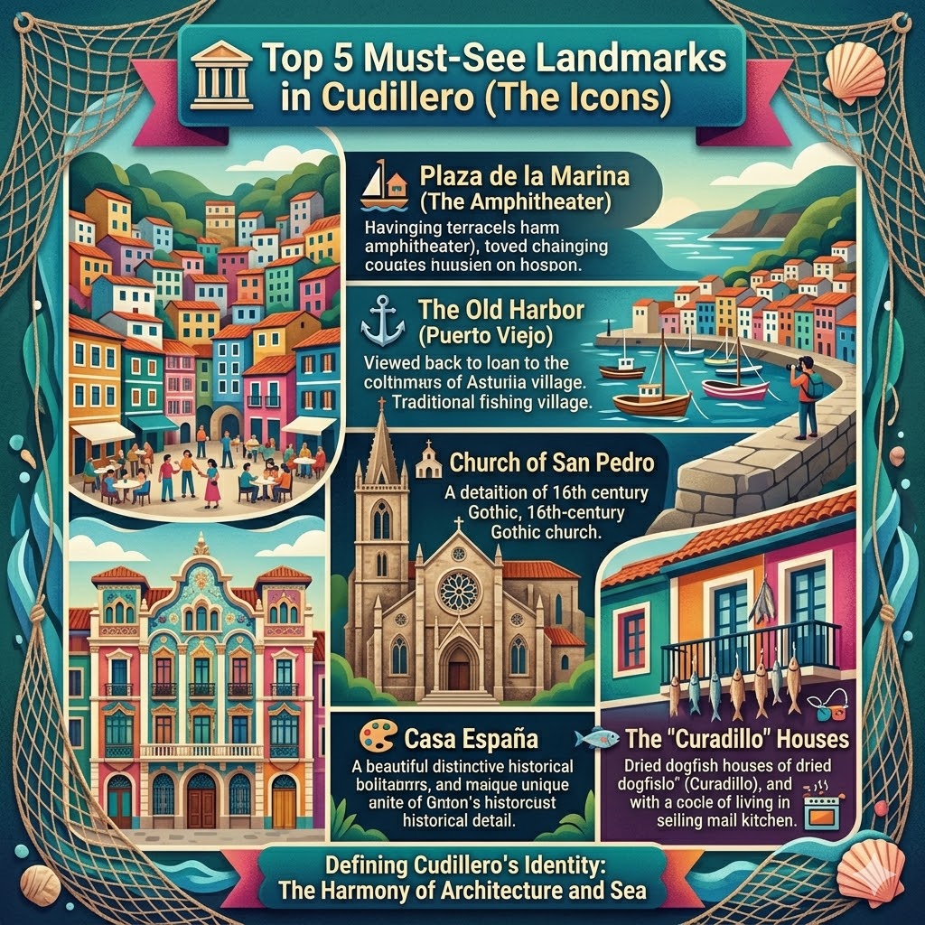 Infographic of top 5 landmarks in Cudillero Asturias featuring Plaza de la Marina, Old Harbor, San Pedro Church, Casa España, and Curadillo Houses.