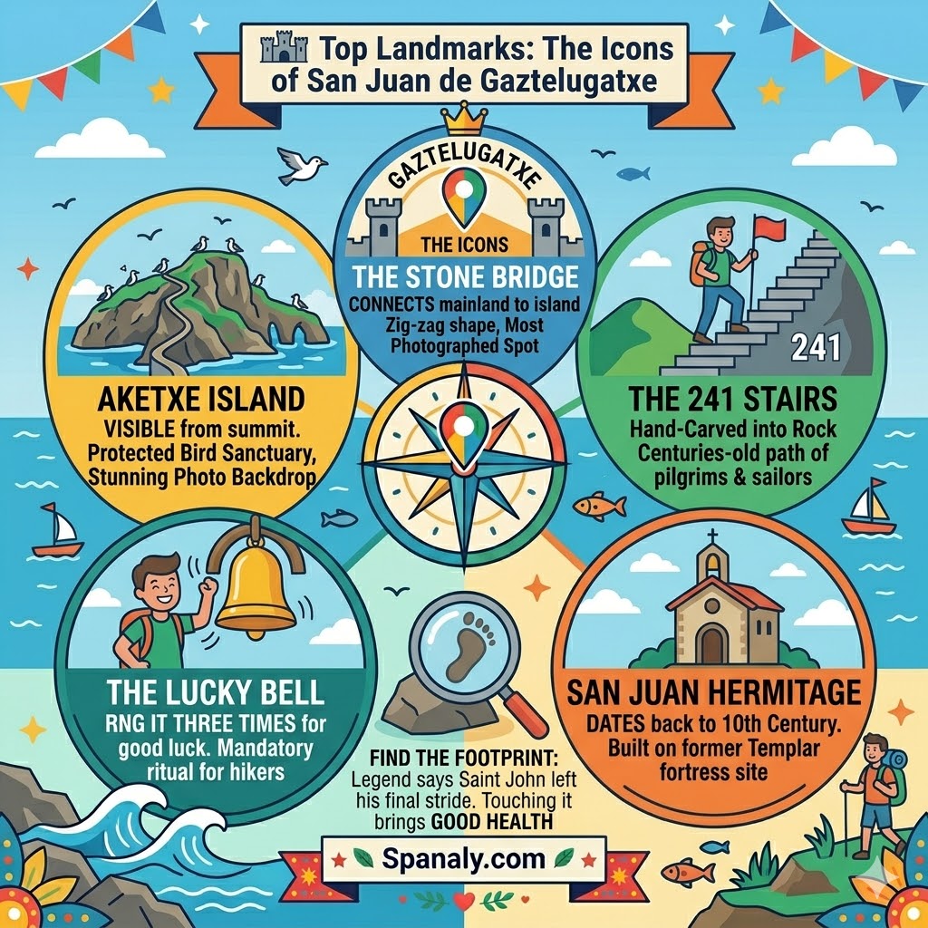 A colorful infographic illustrating the top landmarks of San Juan de Gaztelugatxe, including the Stone Bridge, 241 Stairs, San Juan Hermitage, Lucky Bell, and Aketxe Island.