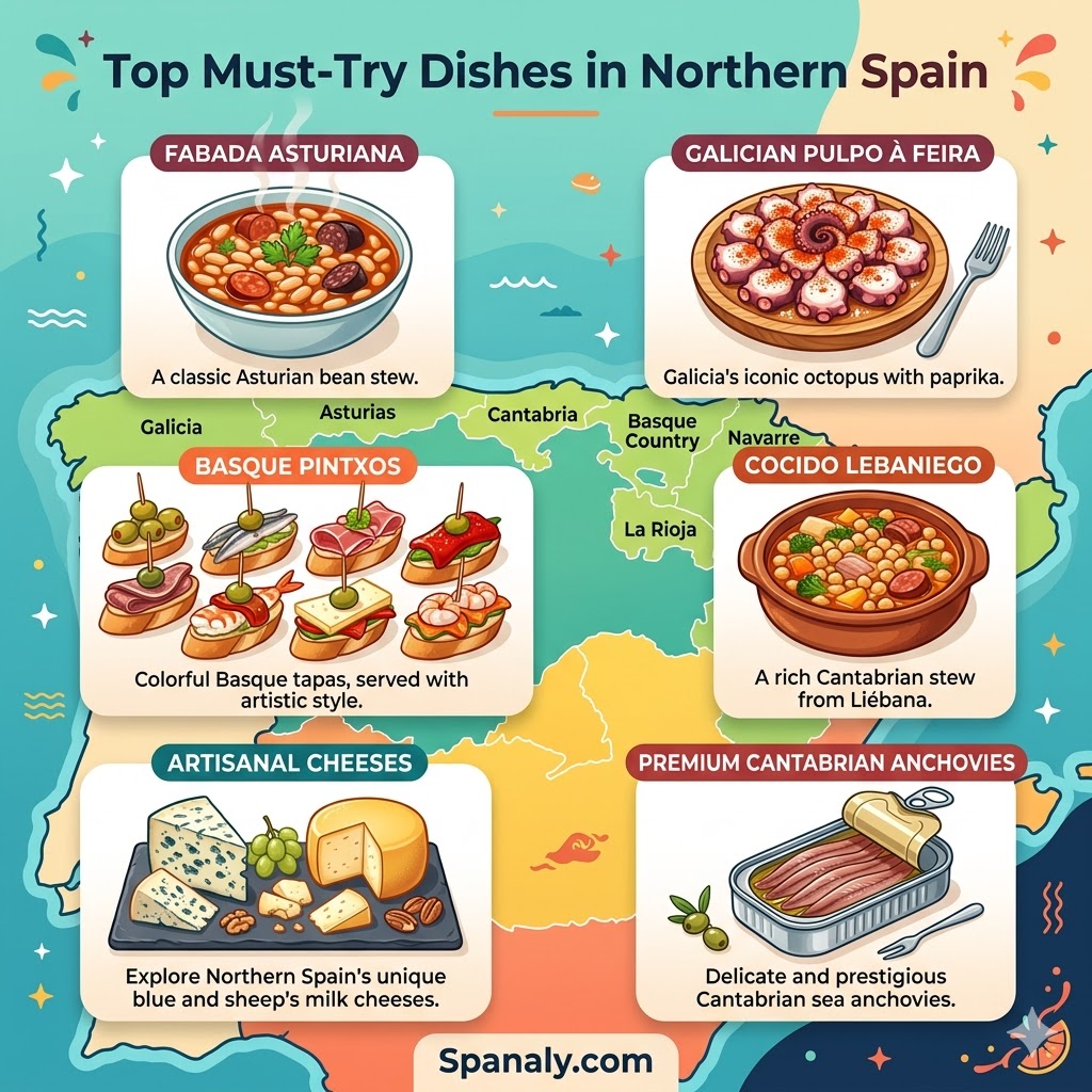 Infographic of classic Northern Spanish dishes including Fabada Asturiana, Galician Pulpo à Feira, Basque Pintxos, and Cantabrian anchovies on a regional map.