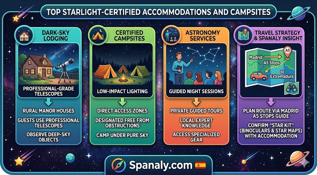 Infographic guide highlighting top Starlight-certified accommodations and campsites in Extremadura, featuring professional-grade telescopes, dark-sky lodging, and astronomy services for travelers.