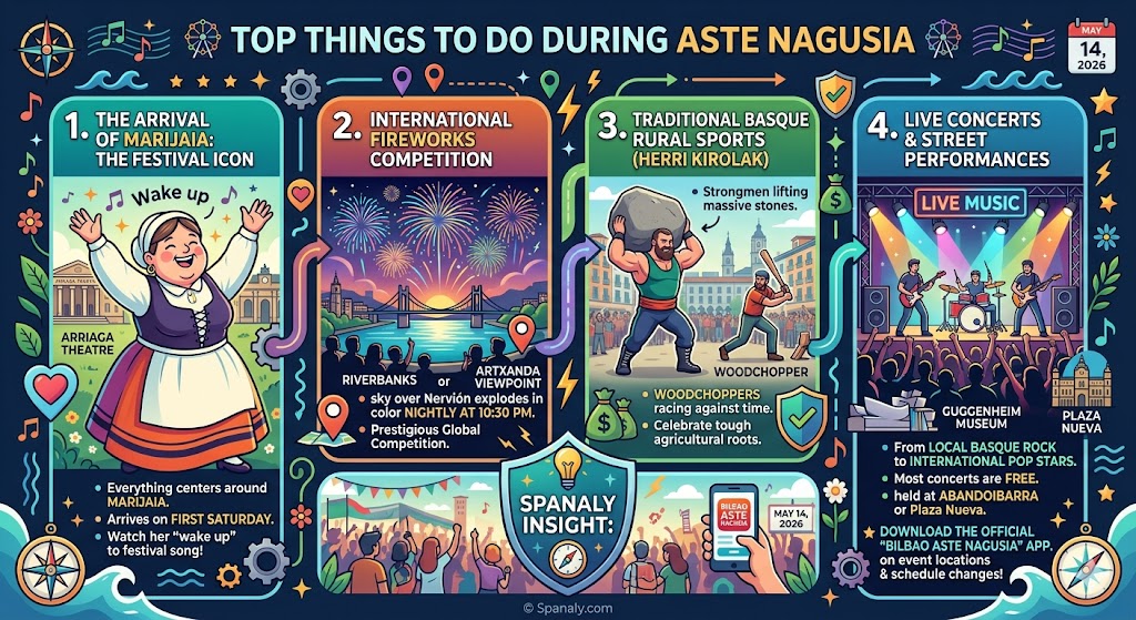 A comprehensive festival activities infographic for Aste Nagusia in Bilbao featuring Marijaia's arrival, international fireworks, traditional Basque rural sports, and live concerts.