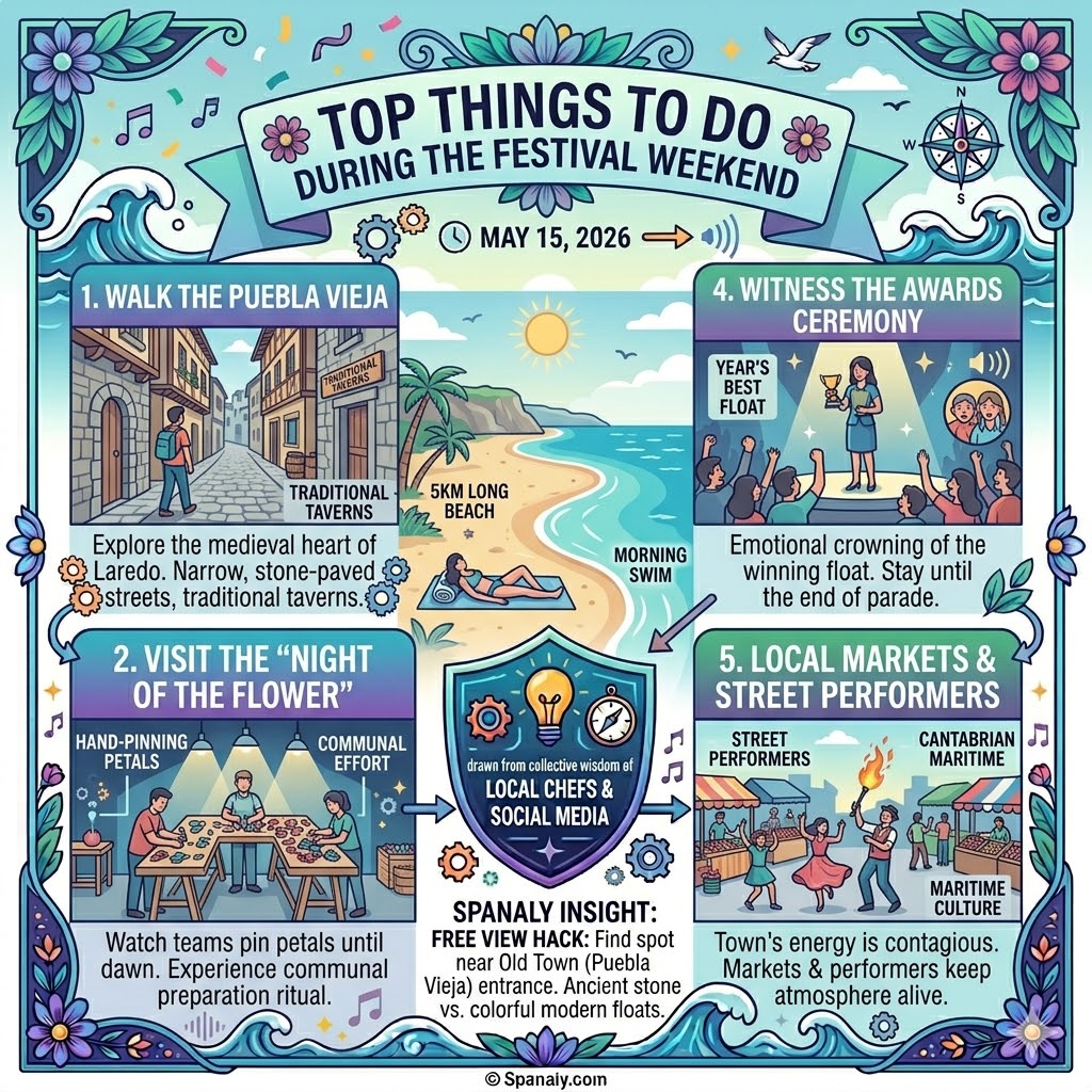 A vibrant weekend itinerary infographic for Laredo during the Battle of Flowers, featuring activities like exploring Puebla Vieja, visiting flower workshops, and relaxing at La Salvé Beach.