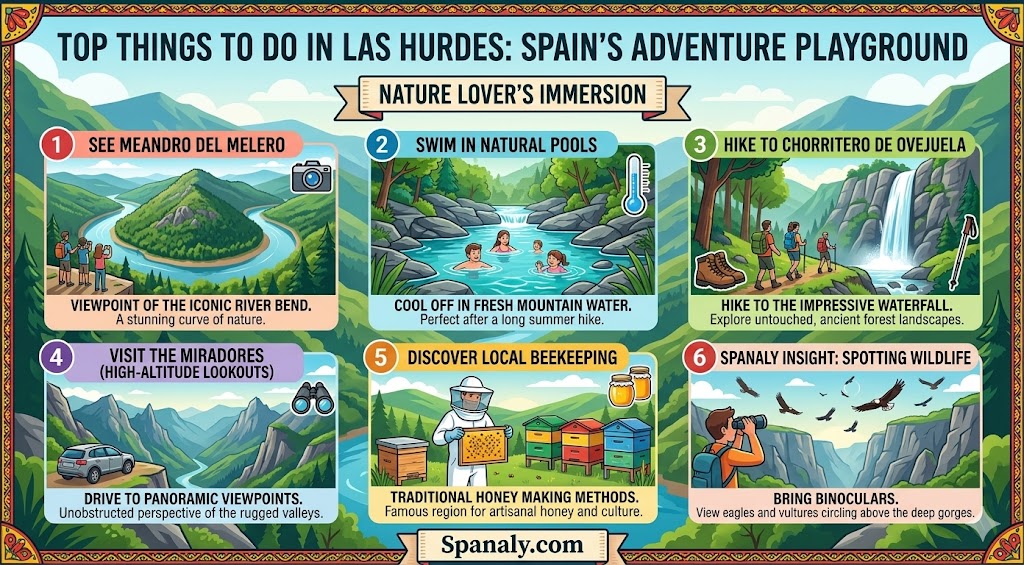 An infographic showcasing top things to do in Las Hurdes, Spain, including the Meandro del Melero, natural pools, hiking, and wildlife spotting for adventure travelers.