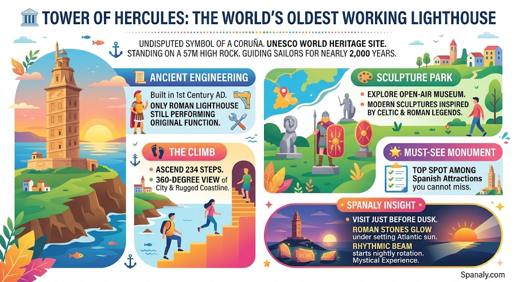 Infographic of the Tower of Hercules in A Coruña, the world's oldest working Roman lighthouse, featuring the ancient engineering, the climb, and the surrounding sculpture park.