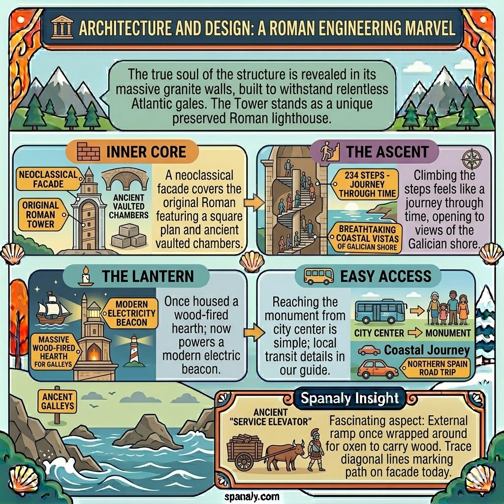 Infographic detailing the architecture of the Tower of Hercules including its Roman inner core, 234 steps, and neoclassical facade.