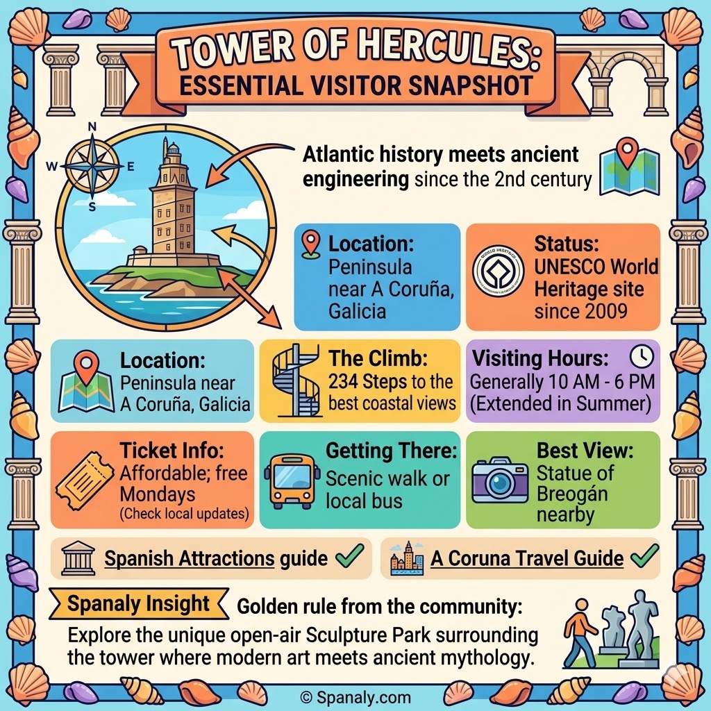 Infographic showing Tower of Hercules visitor information including 234 steps, UNESCO status, and A Coruña location details.