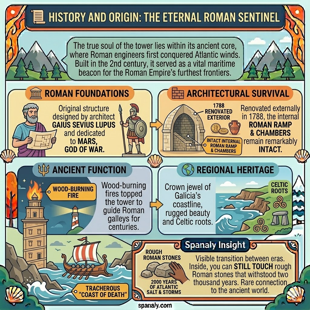 Infographic showing the history of the Tower of Hercules featuring Roman architect Gaius Sevius Lupus and the internal stone structure.