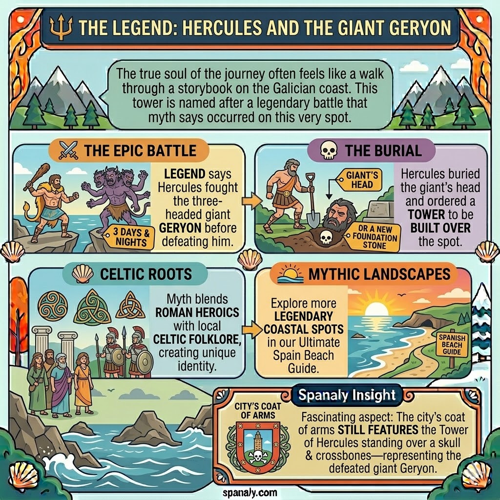 Infographic illustrating the legend of Hercules defeating the giant Geryon at the Tower of Hercules in Spain.