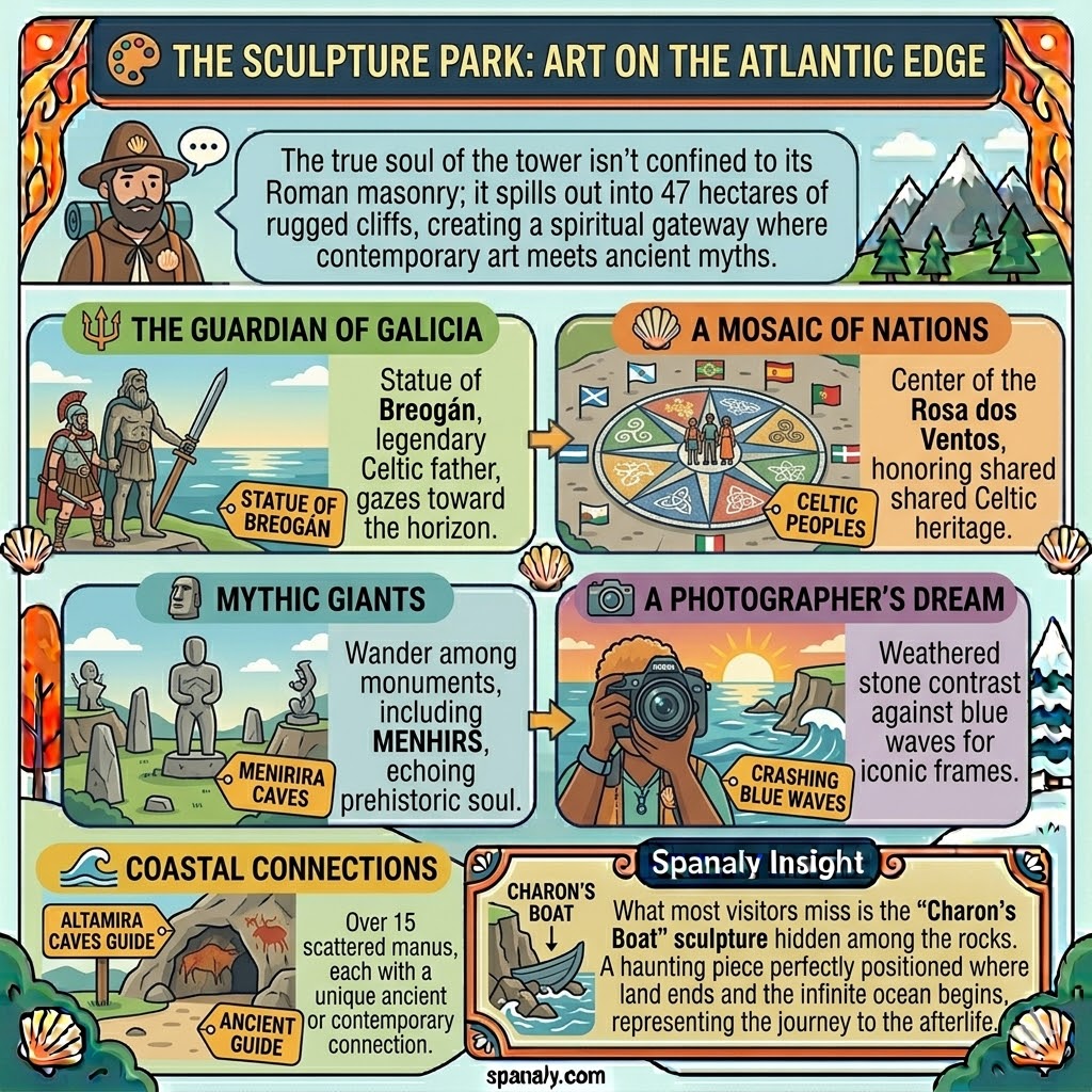 Infographic of the Sculpture Park at Tower of Hercules featuring the Statue of Breogán, Rosa dos Ventos, and Menhirs.