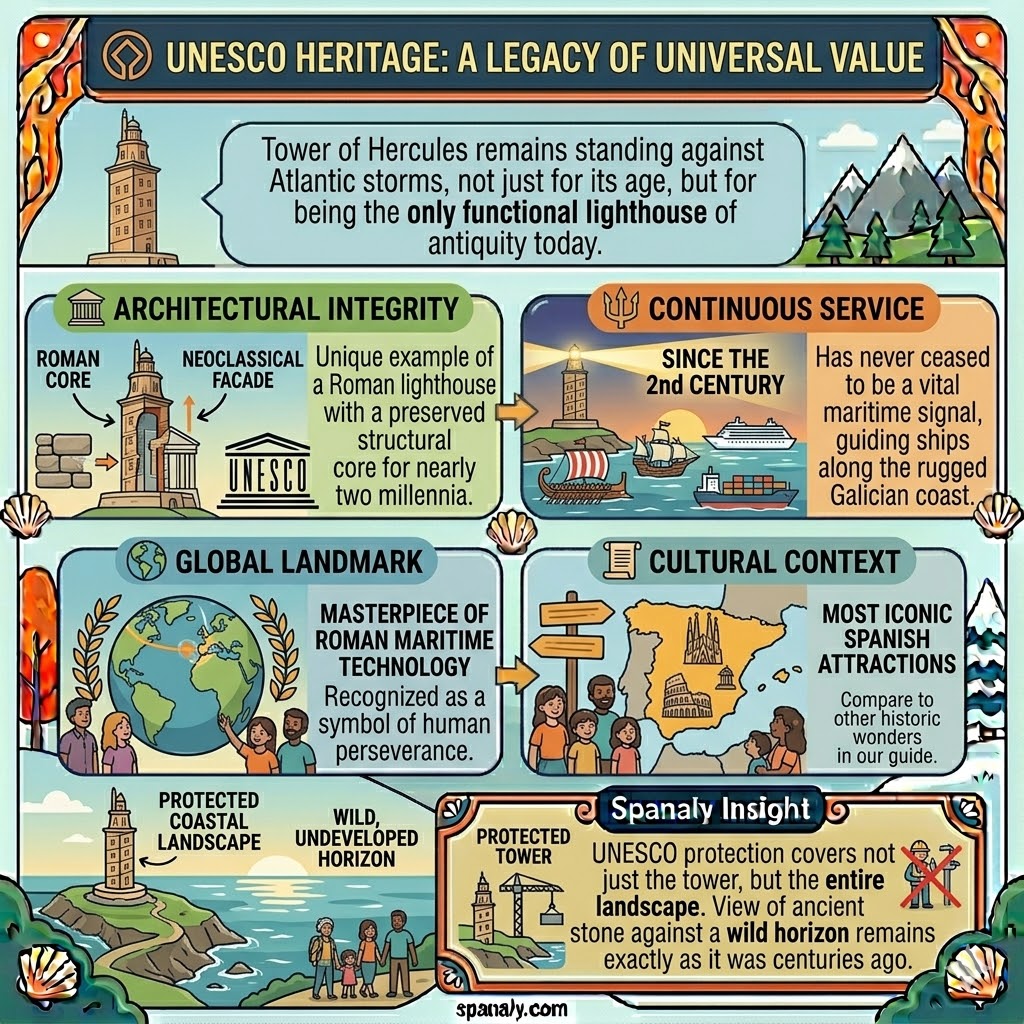 Infographic about the Tower of Hercules UNESCO status highlighting its architectural integrity and nearly two millennia of continuous service.