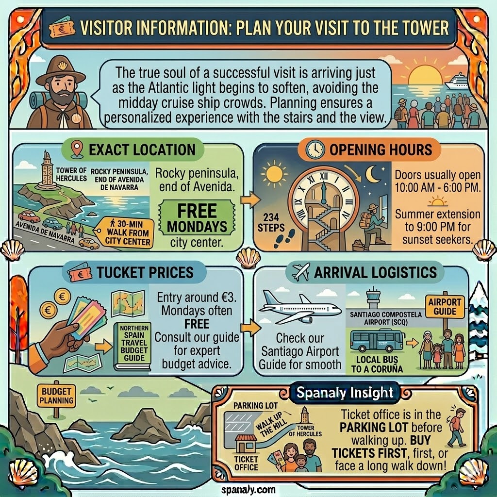 Infographic for Tower of Hercules visitors showing ticket office location in the parking lot, opening hours, and 234 steps climbing tips.