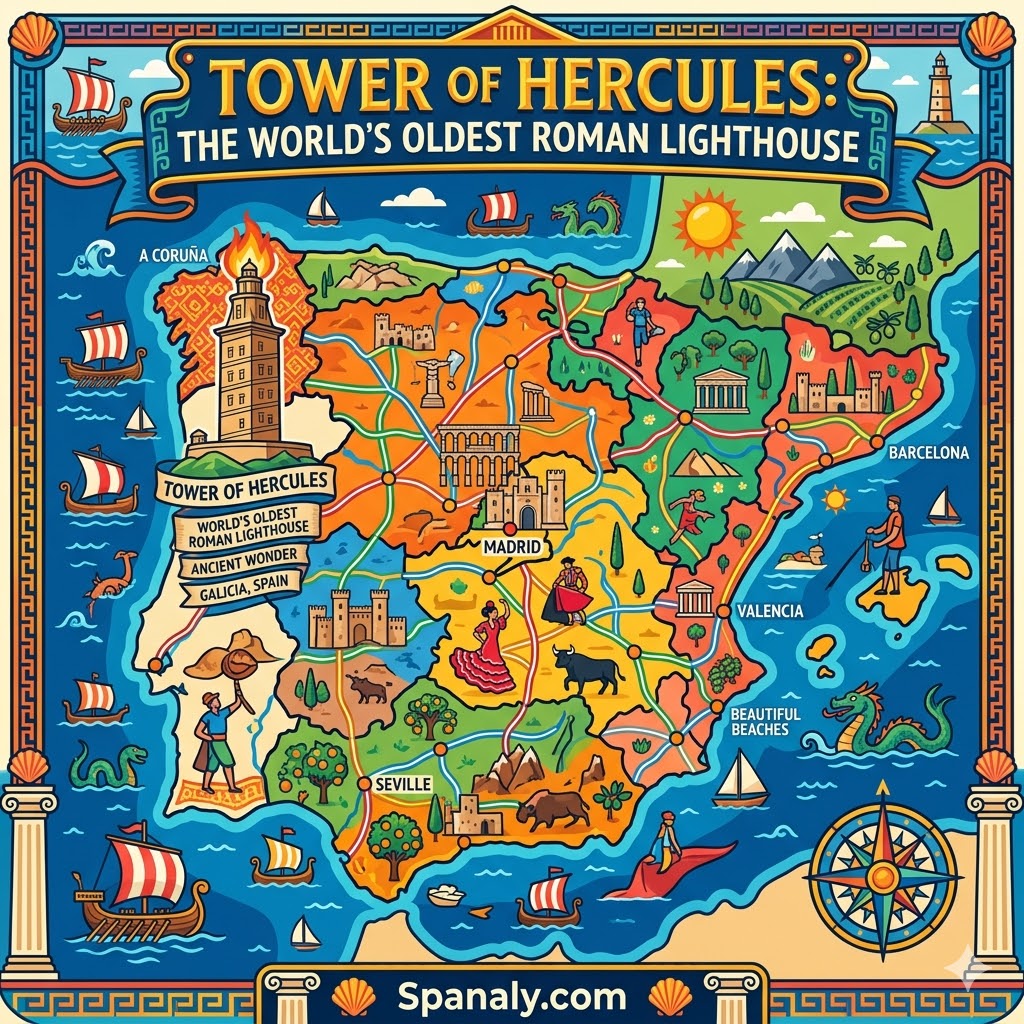 Epic infographic map of Spain featuring the Tower of Hercules in A Coruña as the world's oldest Roman lighthouse.