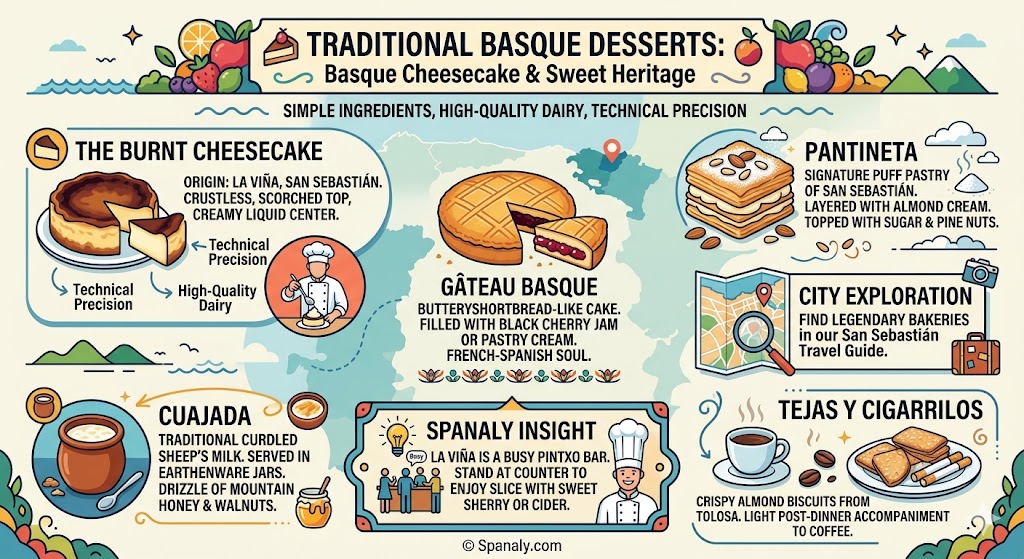 Infographic guide to traditional Basque desserts including the famous burnt cheesecake, Gâteau Basque, Pantineta, and Cuajada with honey.