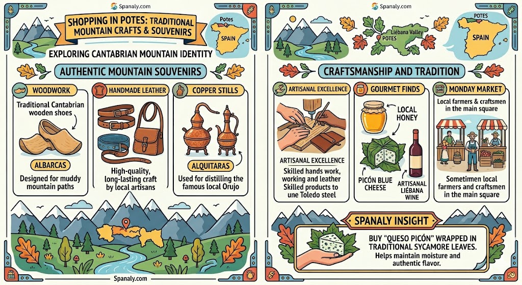 Infographic guide to traditional shopping in Potes, showcasing Cantabrian wooden shoes (Albarcas), handmade leather goods, copper Orujo stills, Picón blue cheese, and the local Monday market by Spanaly.com