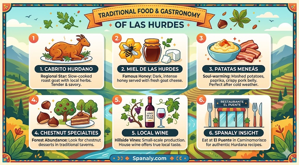An infographic showcasing the traditional food and gastronomy of Las Hurdes, Spain, including regional dishes like Cabrito Hurdano, Miel de Las Hurdes, and Patatas Meneás.
