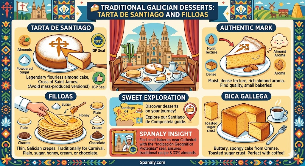 A colorful culinary infographic of traditional Galician desserts featuring Tarta de Santiago with the Saint James Cross, Filloas crepes with honey, and Bica Gallega sponge cake.