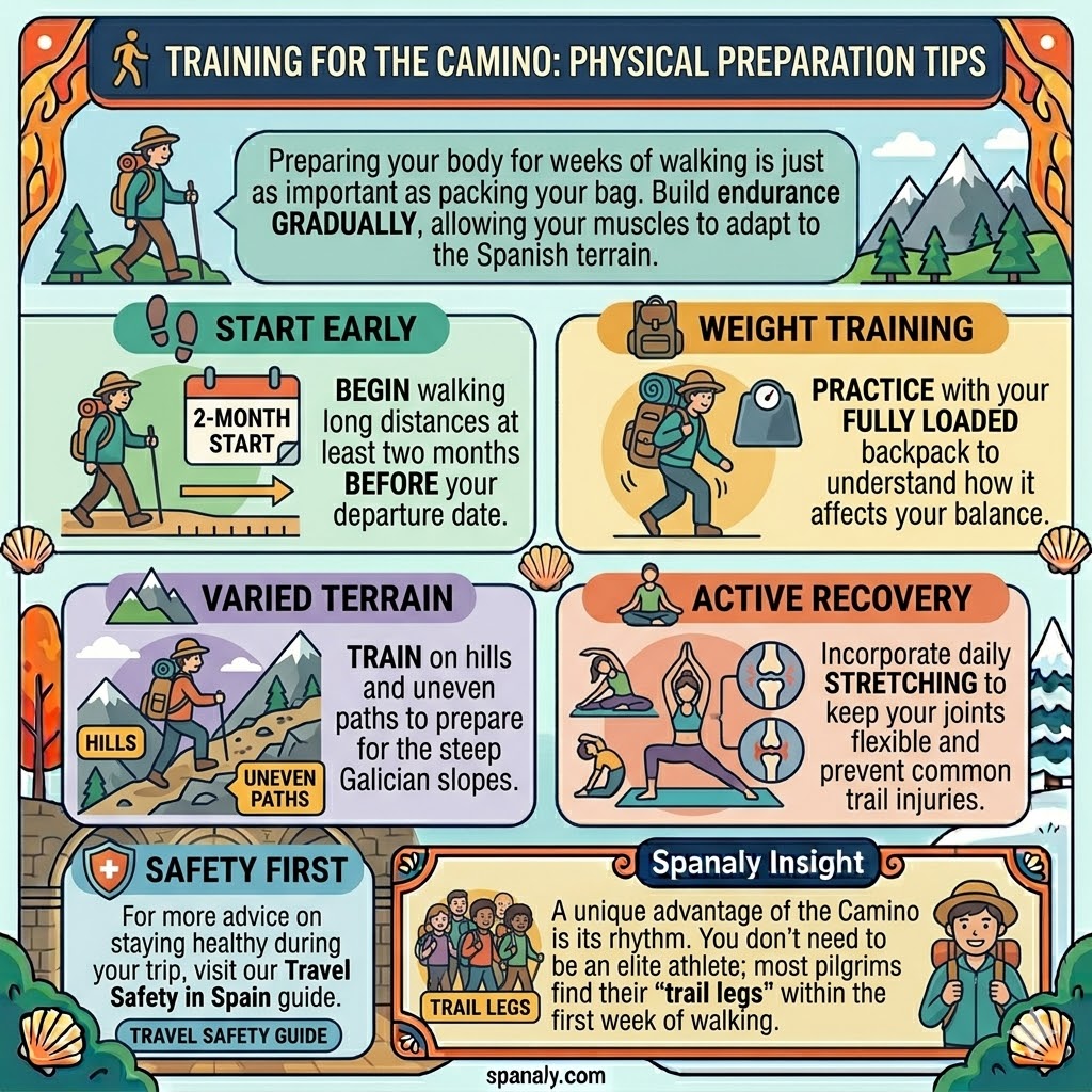 Infographic showing physical training tips for Camino de Santiago including backpack weight practice and stretching exercises.