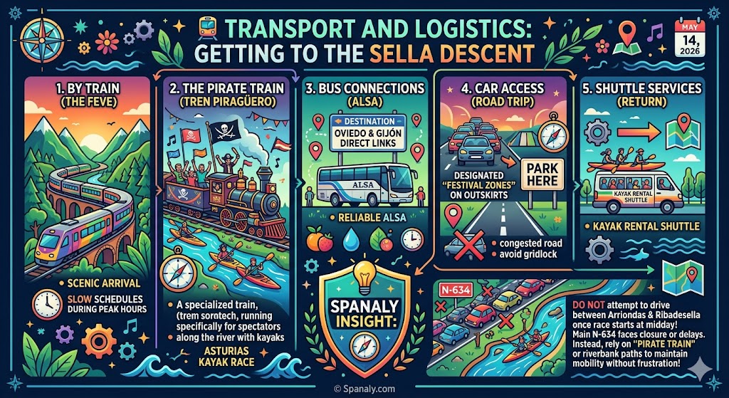 A technical logistics infographic for the Sella Descent in Asturias showing transport options via the FEVE train, Pirate Train, ALSA buses, and festival parking zones.
