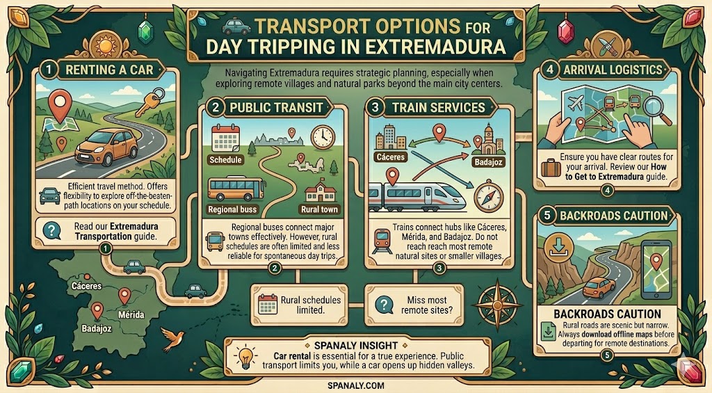 An infographic guide to transport options for day tripping in Extremadura, Spain, comparing car rentals, public transit, and train services for exploring the region.