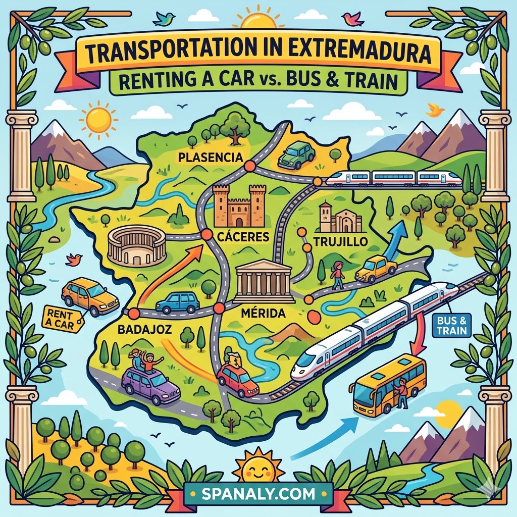 An epic infographic map illustrating transportation options in Extremadura, comparing renting a car with taking a bus or train between Mérida, Cáceres, and Badajoz.