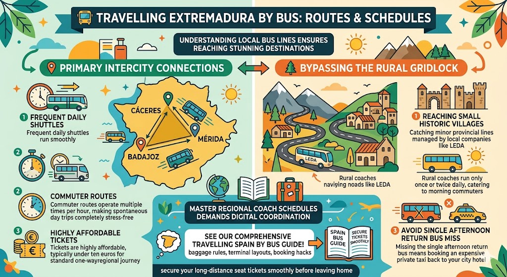 Infographic guide to travelling Extremadura by bus, showing primary intercity routes between Cáceres, Mérida, and Badajoz, alongside provincial rural bus systems.