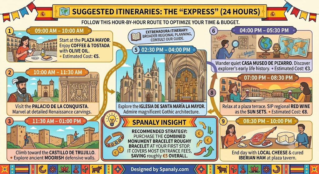 A colorful infographic itinerary for a 24-hour express trip to Trujillo, Spain, featuring an hour-by-hour plan for exploring monuments, dining, and sightseeing.