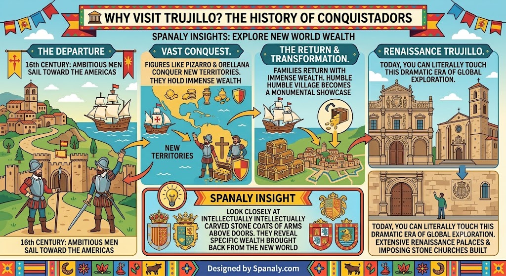 An educational infographic explaining the history of Trujillo, Spain, as the birthplace of famous Conquistadors and their New World wealth.