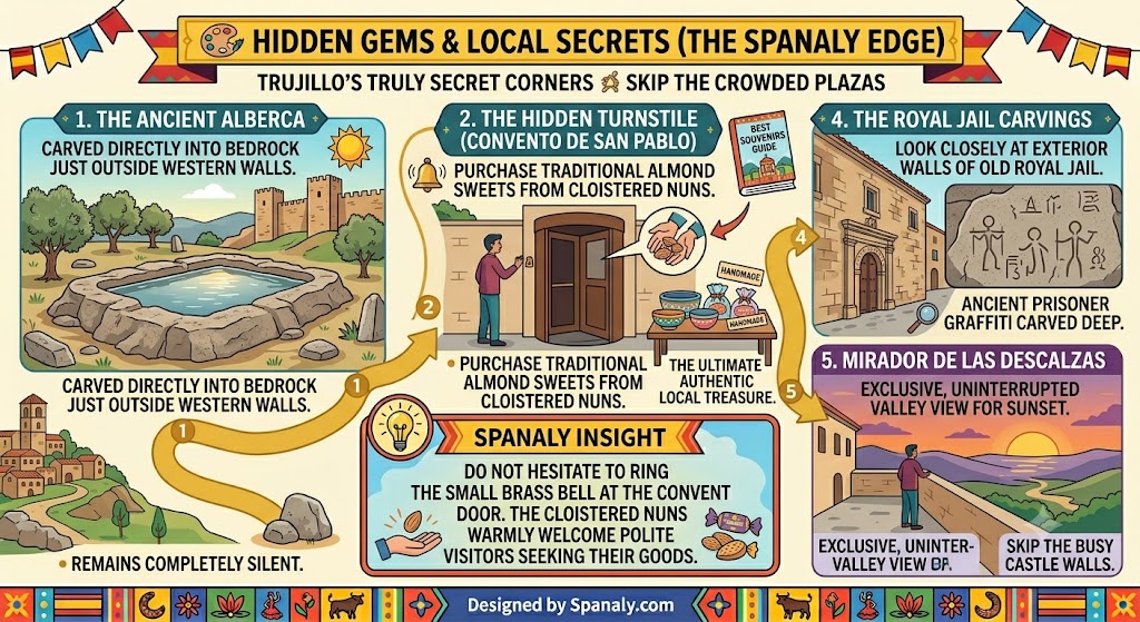 An infographic guide to hidden gems in Trujillo, Spain, featuring secret local spots like the Ancient Alberca and traditional convent sweets for authentic travel experiences.