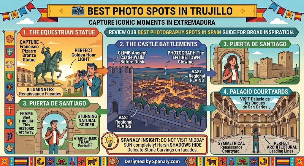 An infographic guide titled 'Best Photo Spots in Trujillo,' featuring visual tips to capture iconic locations like the Equestrian Statue and Castle Battlements during optimal lighting for travel photography in Spain.