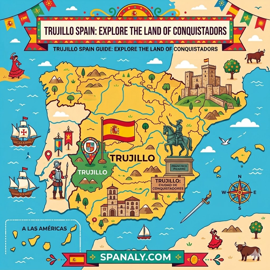 An epic illustrated map of Spain highlighting Trujillo, the historic land of the Conquistadors, perfect for travel planning.