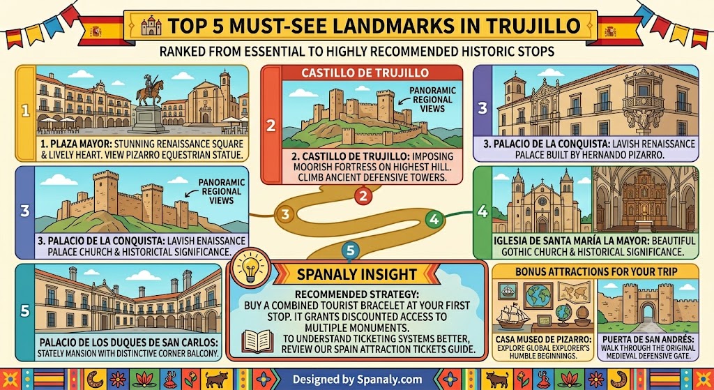 A detailed colorful infographic titled 'Top 5 Must-See Landmarks in Trujillo,' ranking historical sites like Plaza Mayor and Castillo de Trujillo with illustrations for trip planning.