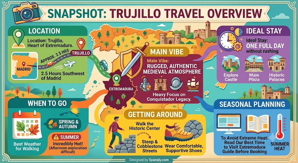 An informative infographic snapshot featuring essential travel tips for visiting Trujillo, Spain, including location, ideal stay, and seasonal advice.